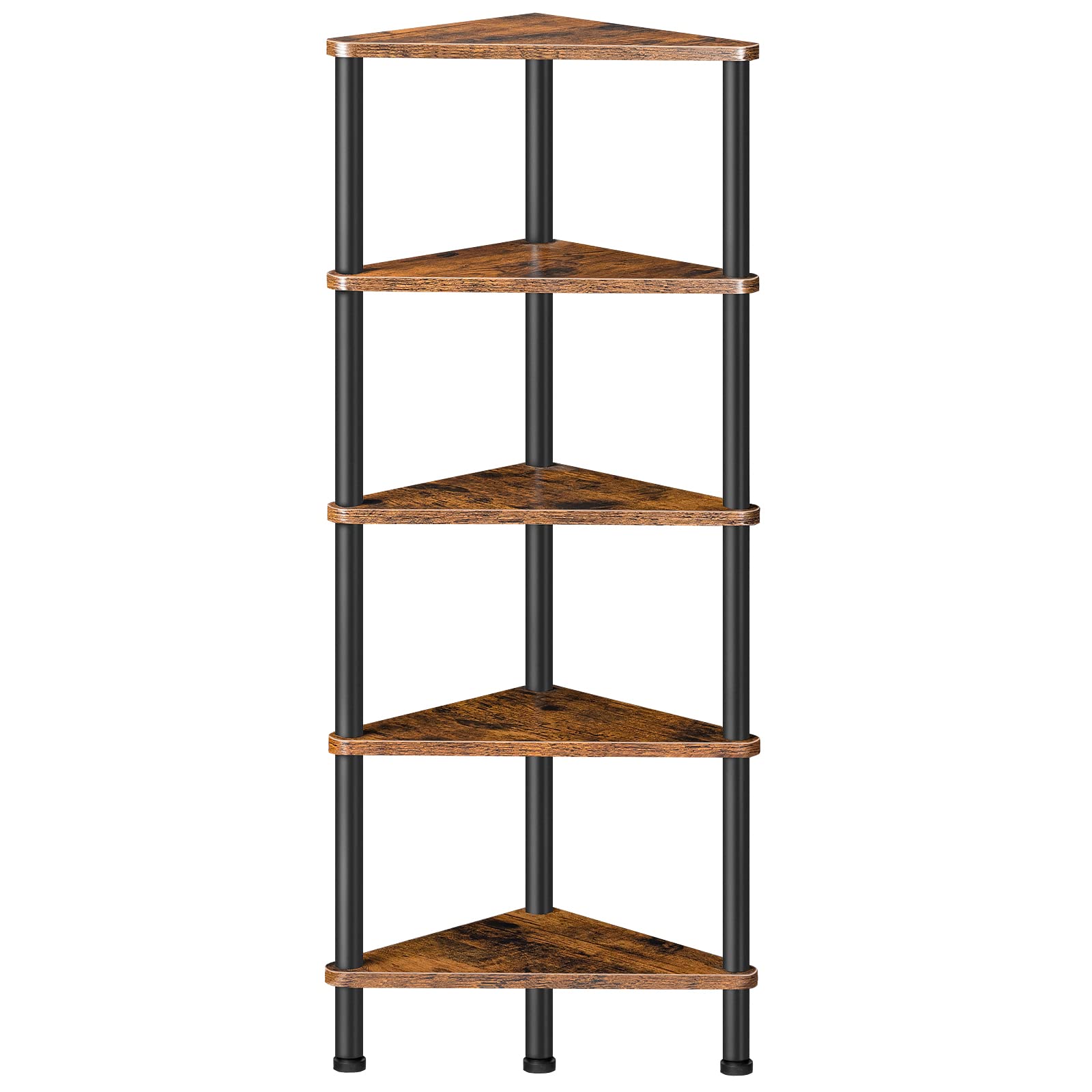 Freestanding 5-shelf corner storage rack organizer with retro rustic brown wooden panels.