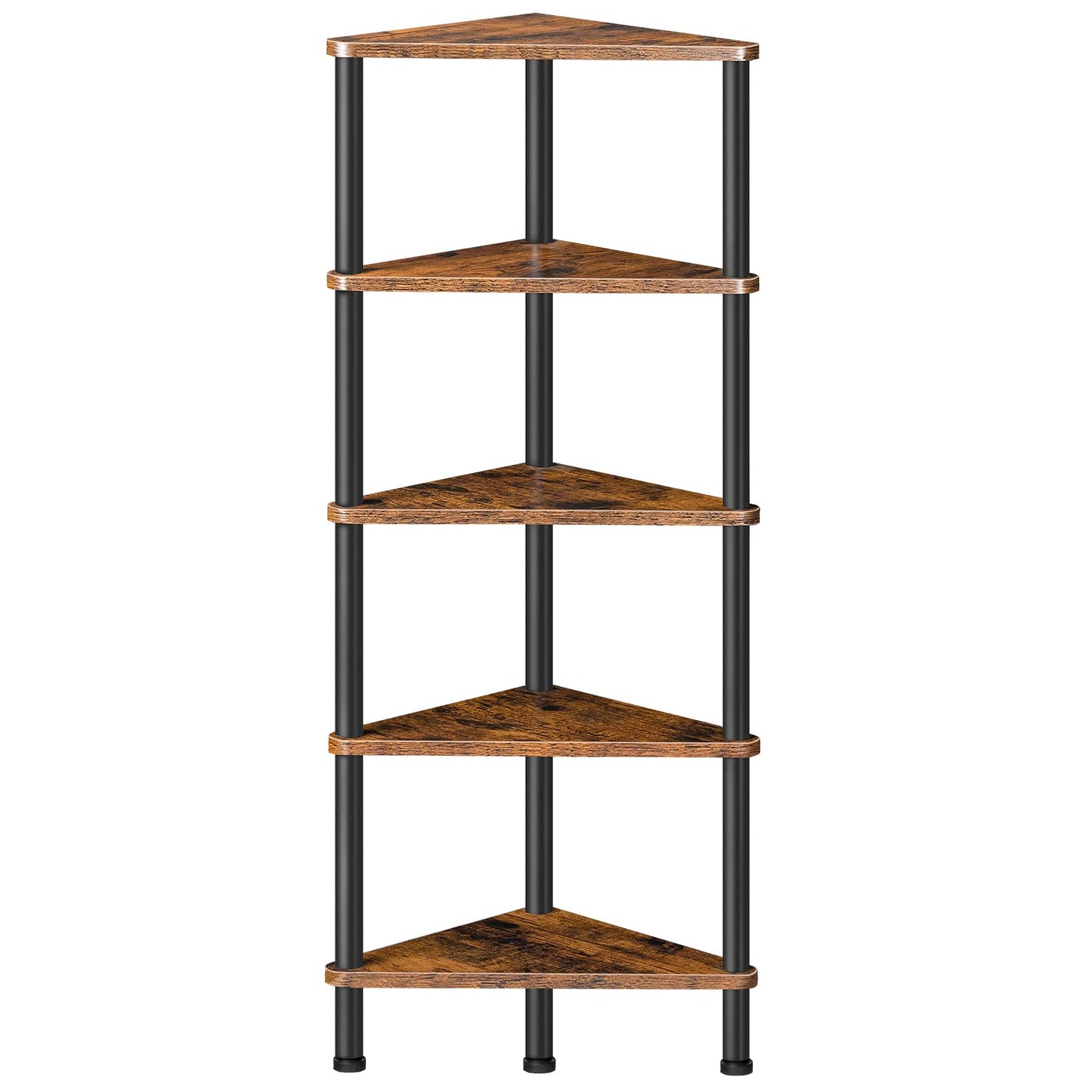 Freestanding 5-shelf corner storage rack organizer with retro rustic brown wooden panels.