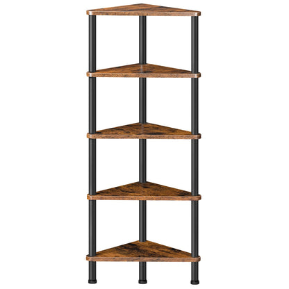 Freestanding 5-shelf corner storage rack organizer with retro rustic brown wooden panels.