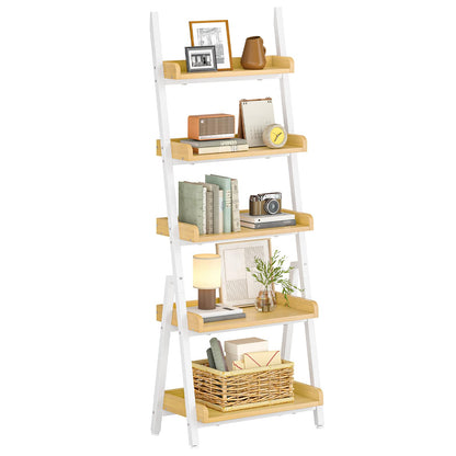 Ladder-style bookshelf with various items on a white background