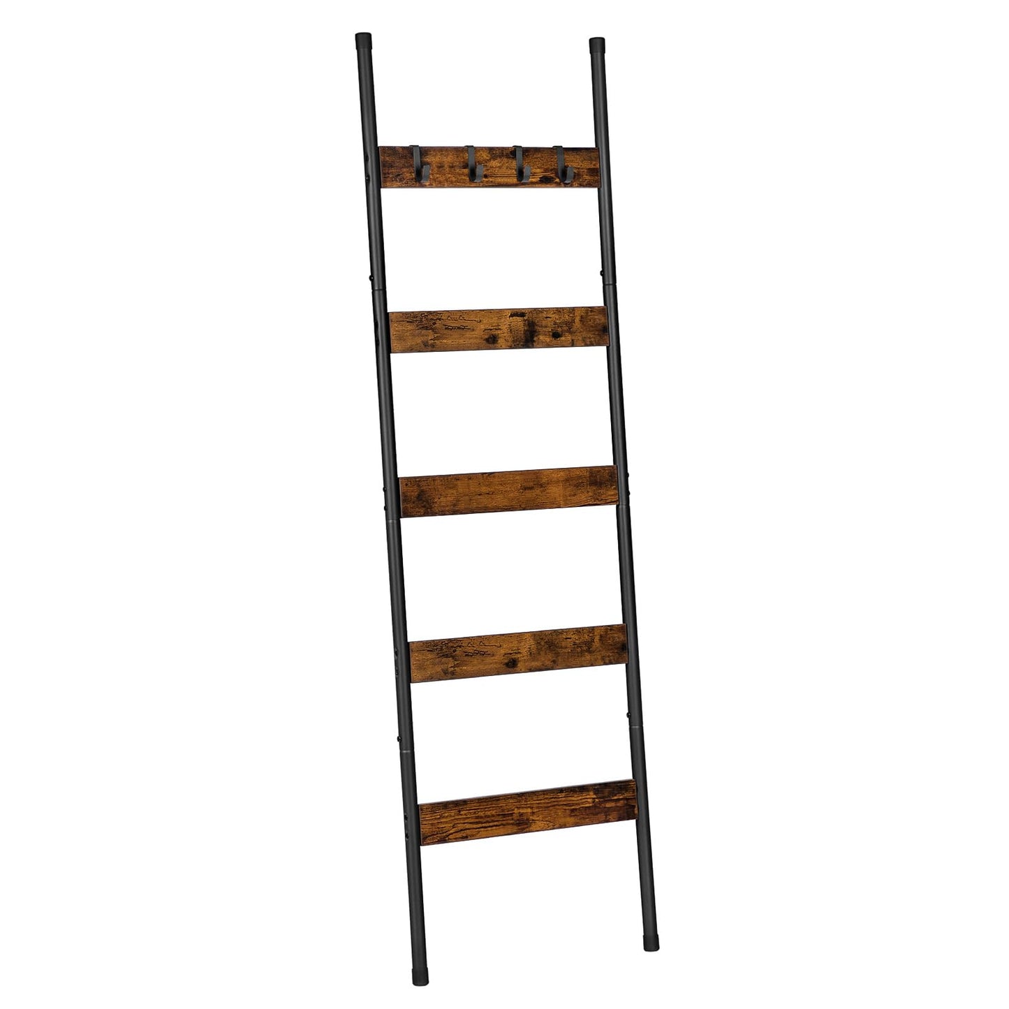 Freestanding 5-tier leaning towel ladder rack with a black metal frame and retro wooden rungs.
