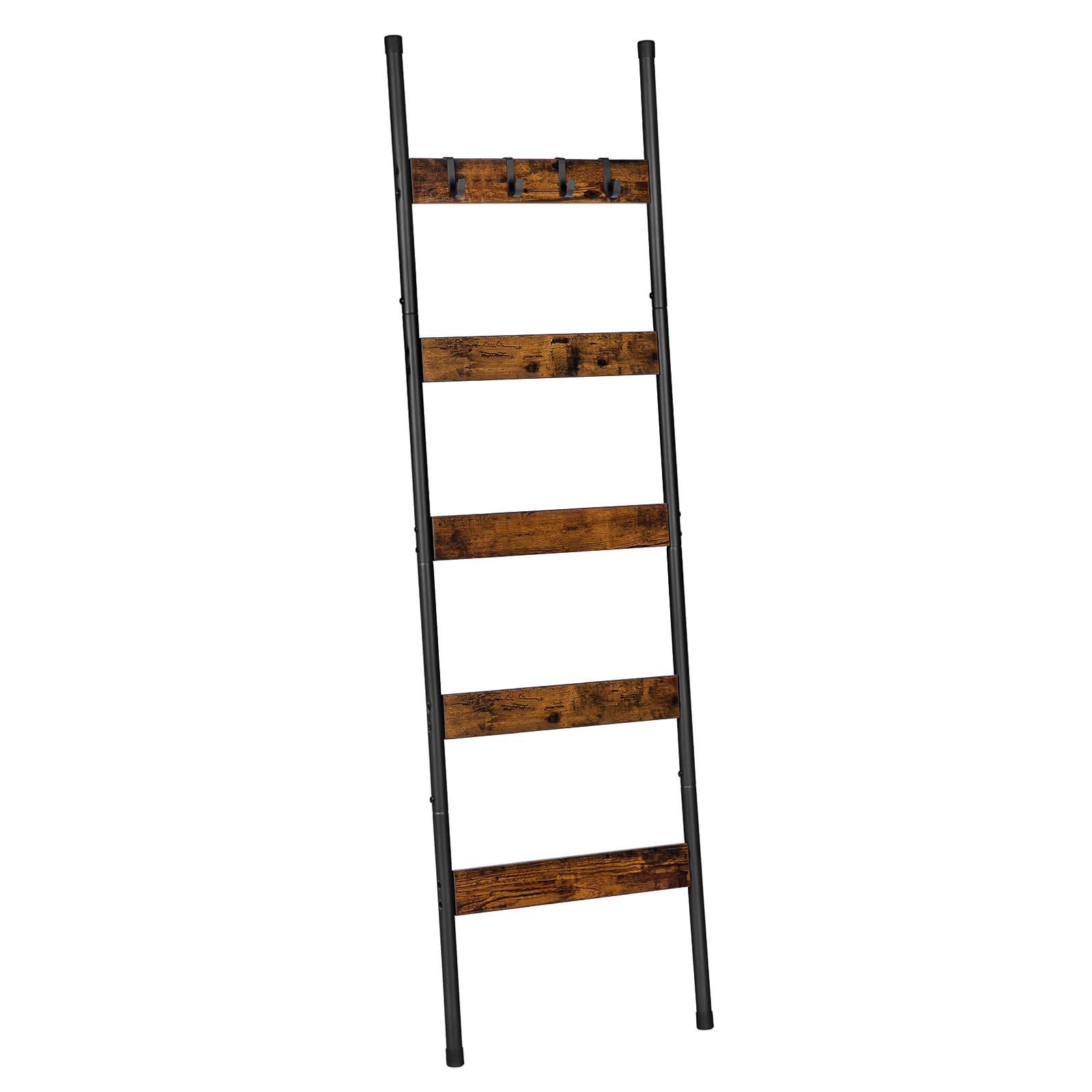 Freestanding 5-tier leaning towel ladder rack with a black metal frame and retro wooden rungs.