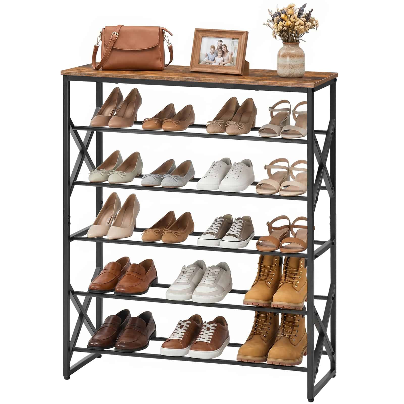 Front view of a 5-tier shoe storage shelf packed with various shoes and high heels, showcasing the vintage wood top.