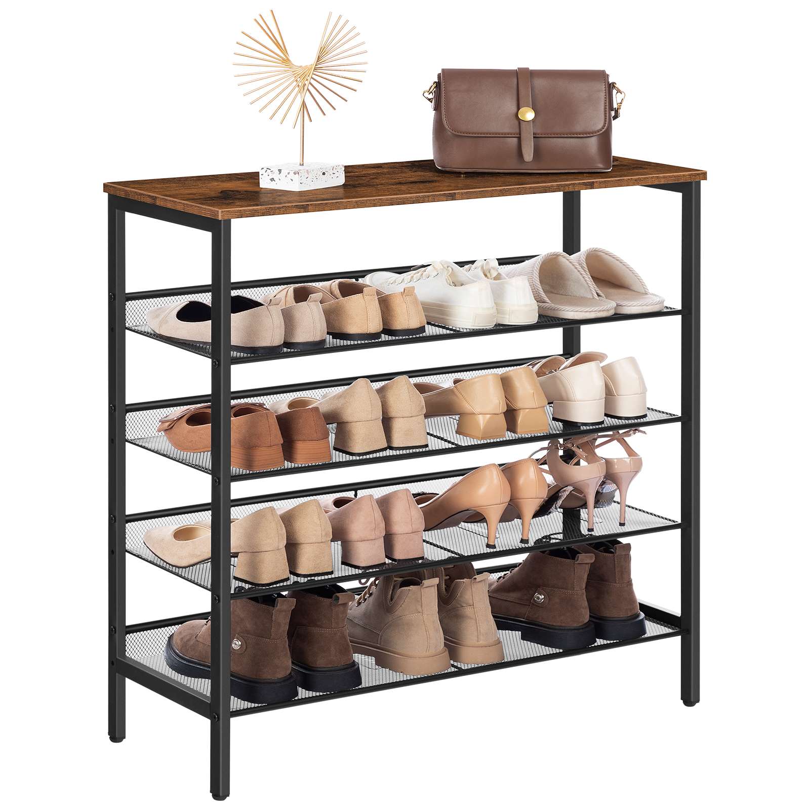 Three-quarter front studio shot of a 5-tier industrial shoe shelf fully loaded with sneakers, leather shoes, and high heels.