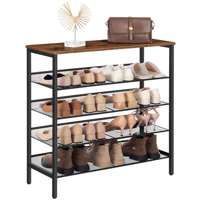 Three-quarter front studio shot of a 5-tier industrial shoe shelf fully loaded with sneakers, leather shoes, and high heels.