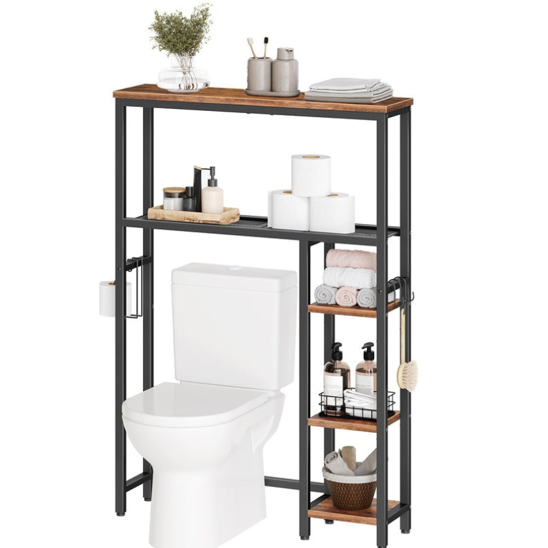 HOOBRO Retro Brown 5-Tier Toilet Above Shelf with Toilet Paper Holder & Hooks