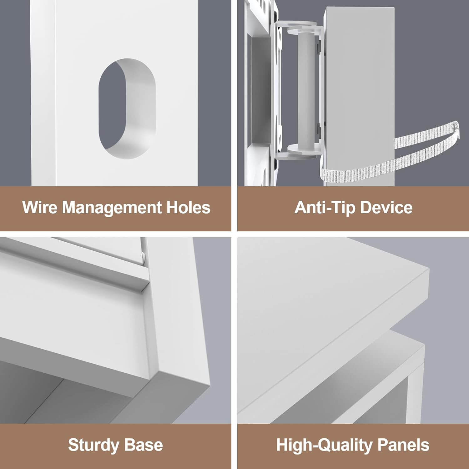 Product features including wire management holes, anti-tip device, sturdy base, and high-quality panels on a gray background.
