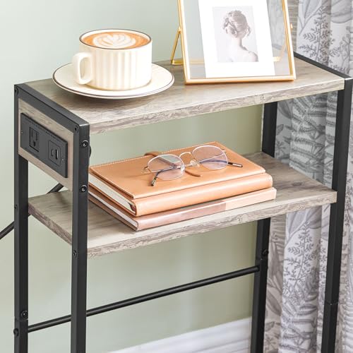 HOOBRO Greige Mini Narrow Side Table with Charging Station & USB Port