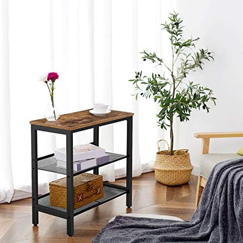 HOOBRO Retro Brown Three-Tier Narrow Side Table with Two Adjustable Flat Shelves