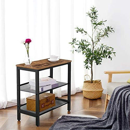 HOOBRO Retro Brown Three-Tier Narrow Side Table with Two Adjustable Flat Shelves