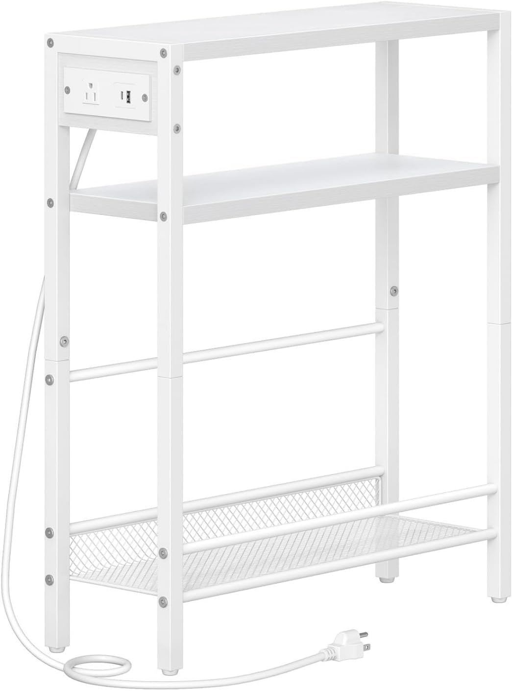 HOOBRO Small Narrow Side Table with Charging Station, Skinny End Table for Small Spaces, Slim Nightstand with USB Ports Outlet, Sofa Beside Table with Storage Shelf, White WT102UBZ01