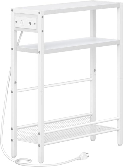 HOOBRO Small Narrow Side Table with Charging Station, Skinny End Table for Small Spaces, Slim Nightstand with USB Ports Outlet, Sofa Beside Table with Storage Shelf, White WT102UBZ01