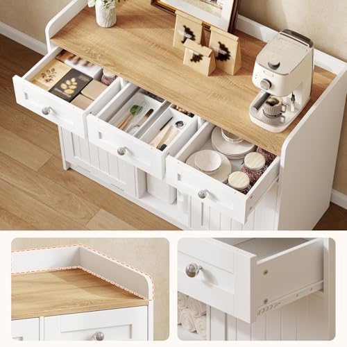 White kitchen cabinet with wooden top, open drawers, and a coffee maker on a wooden floor.