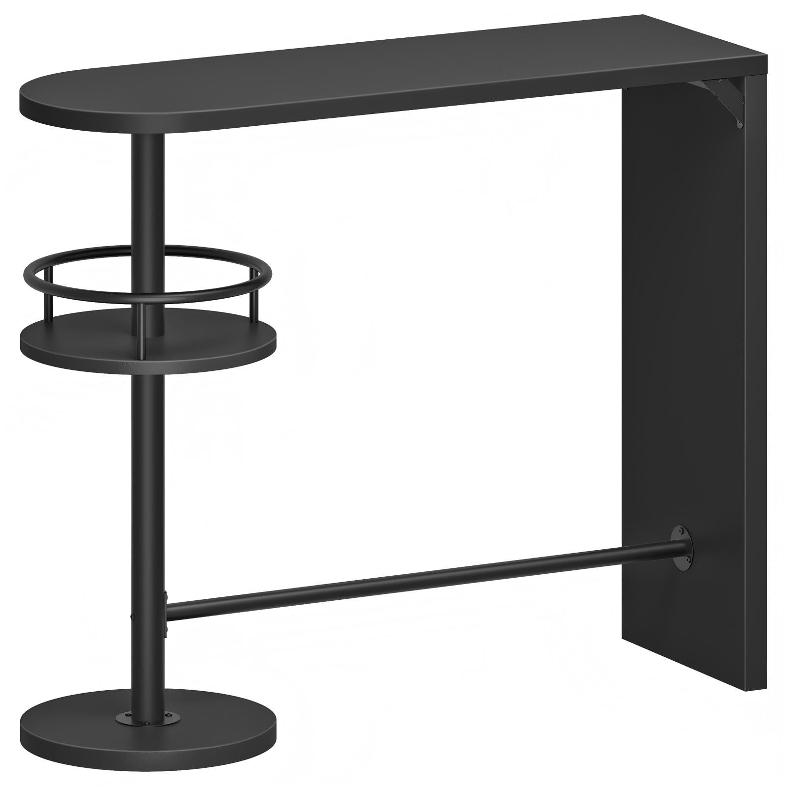 Black metal bar height table with a shelf on a white background