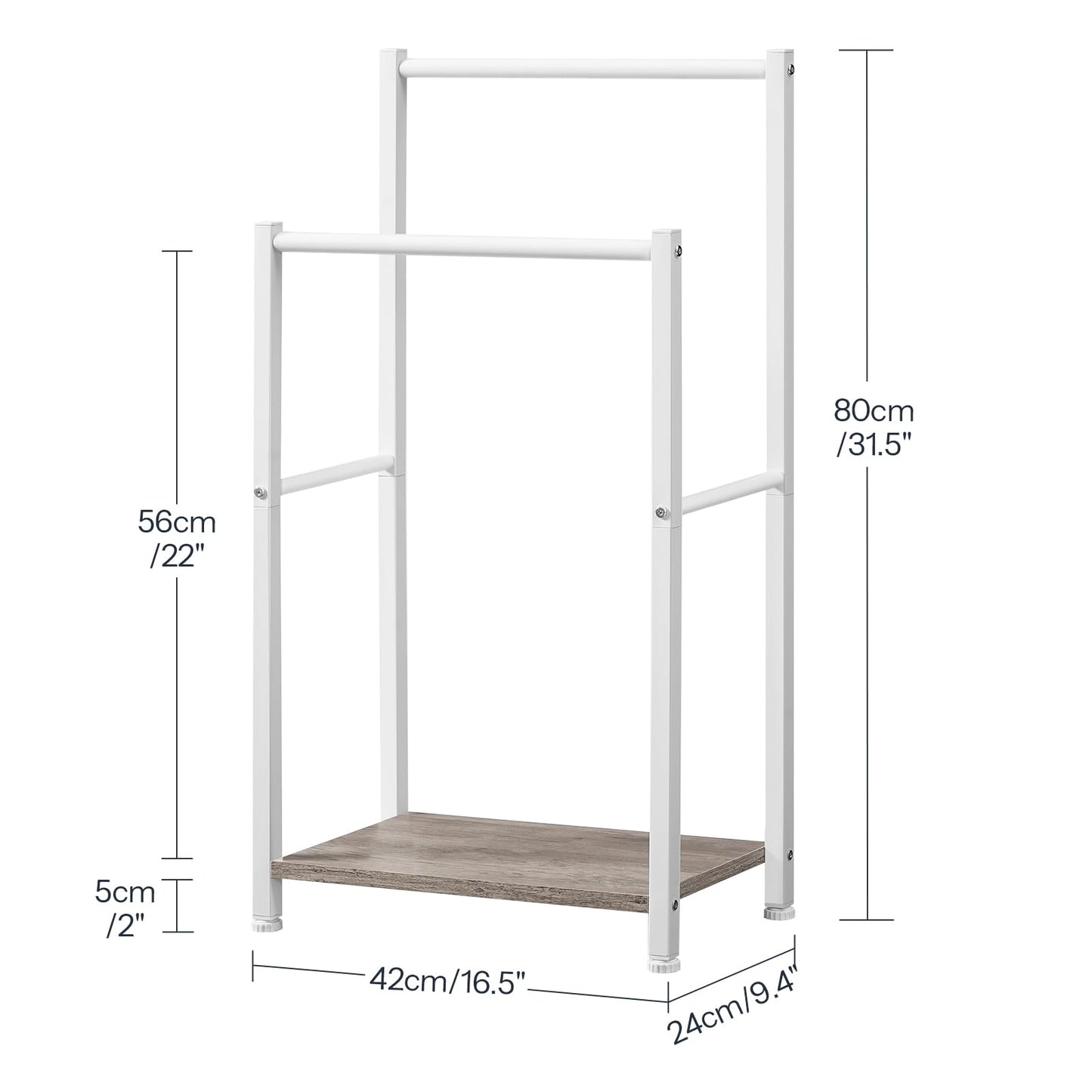 White clothing rack with dimensions labeled on a white background
