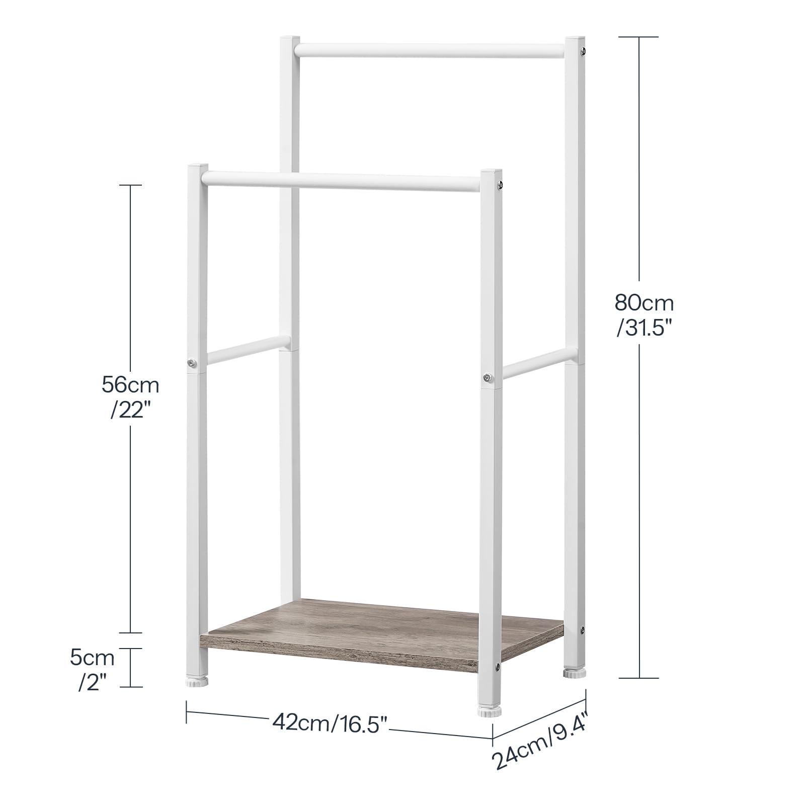 White clothing rack with dimensions labeled on a white background