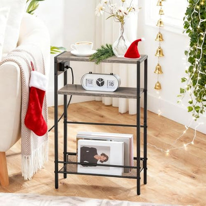 HOOBRO Greige Mini Narrow Side Table with Charging Station & USB Port