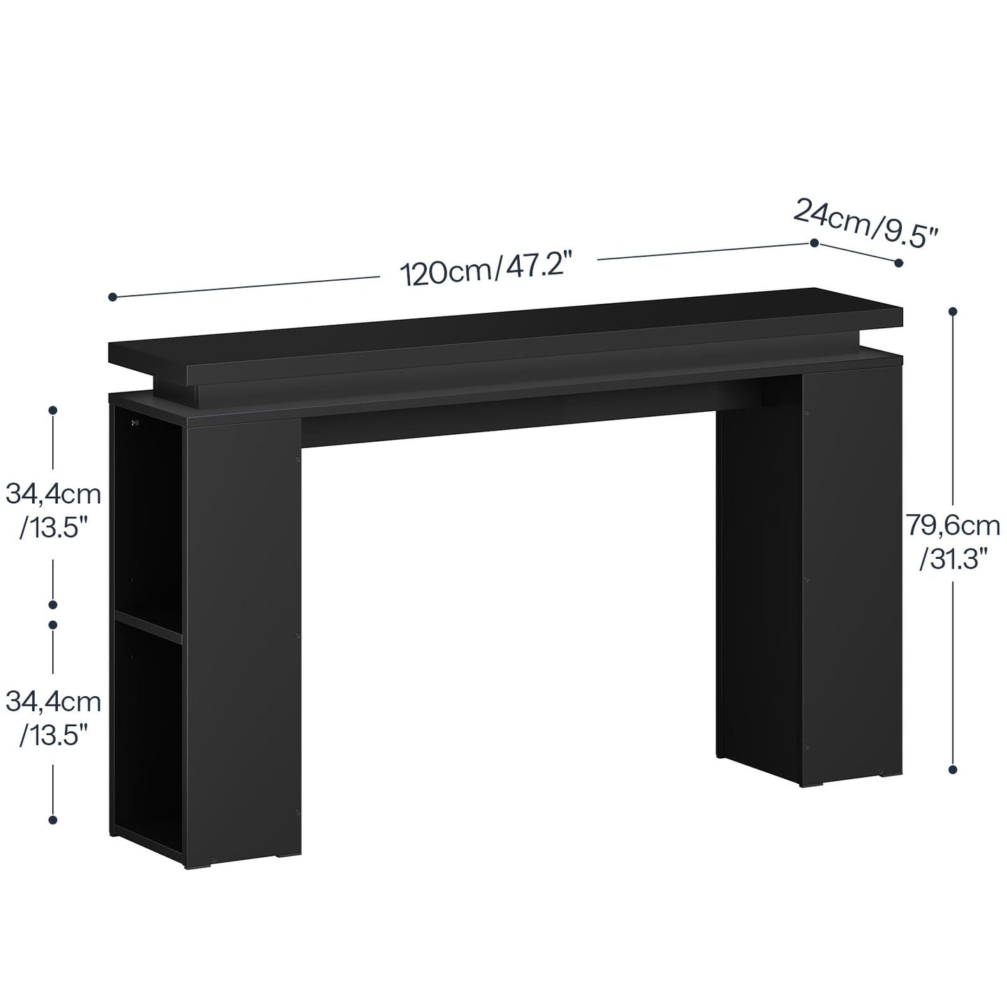 Black console table with dimensions labeled on a white background
