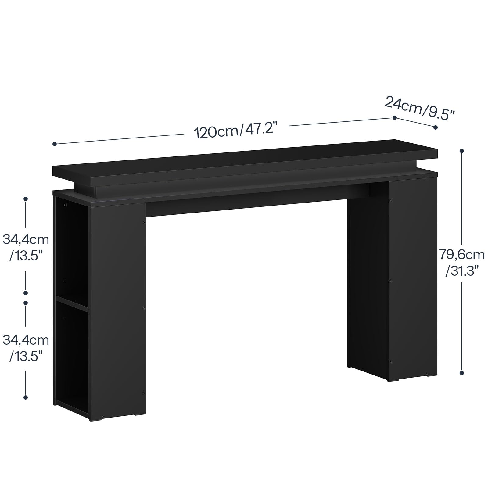 Black console table with dimensions labeled on a white background