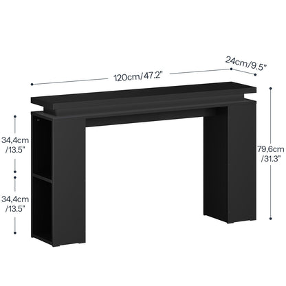 Black console table with dimensions labeled on a white background