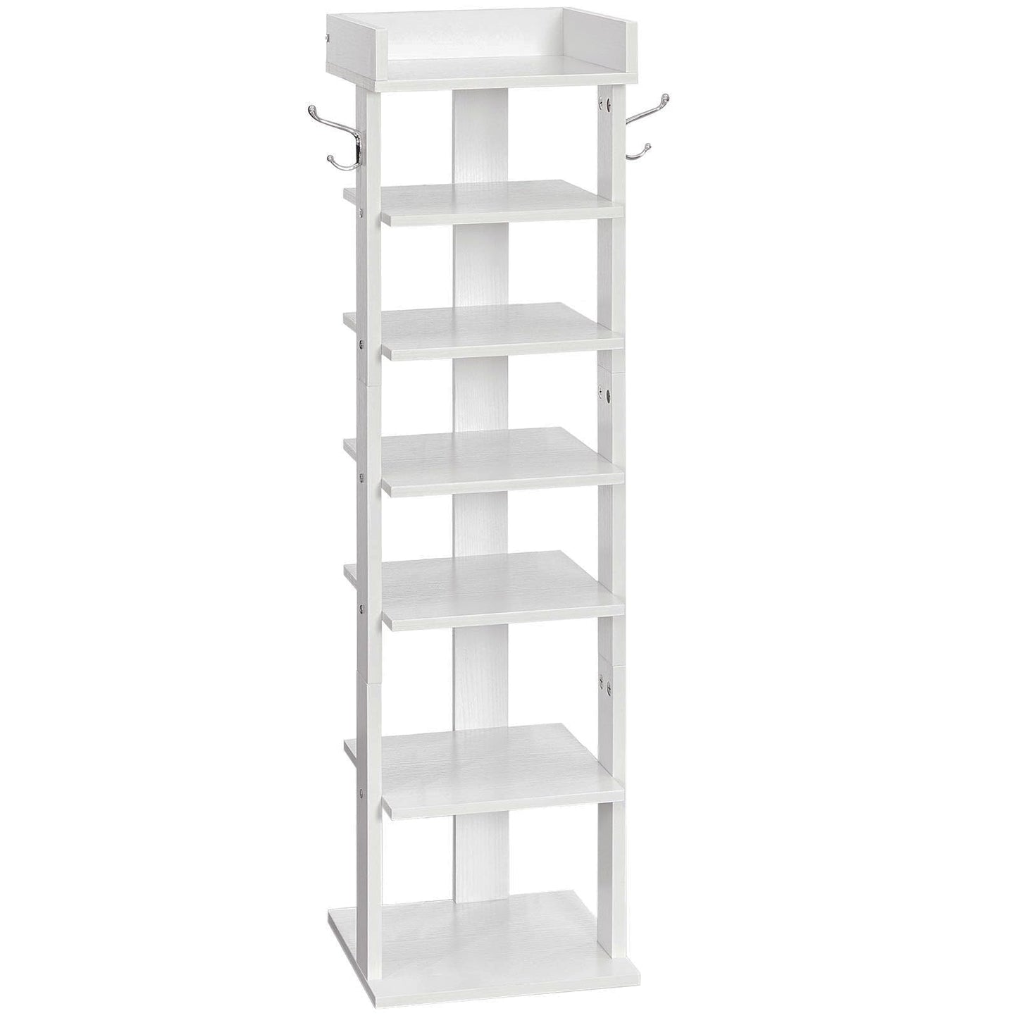 White freestanding shelf with multiple shelves and hooks on a white background