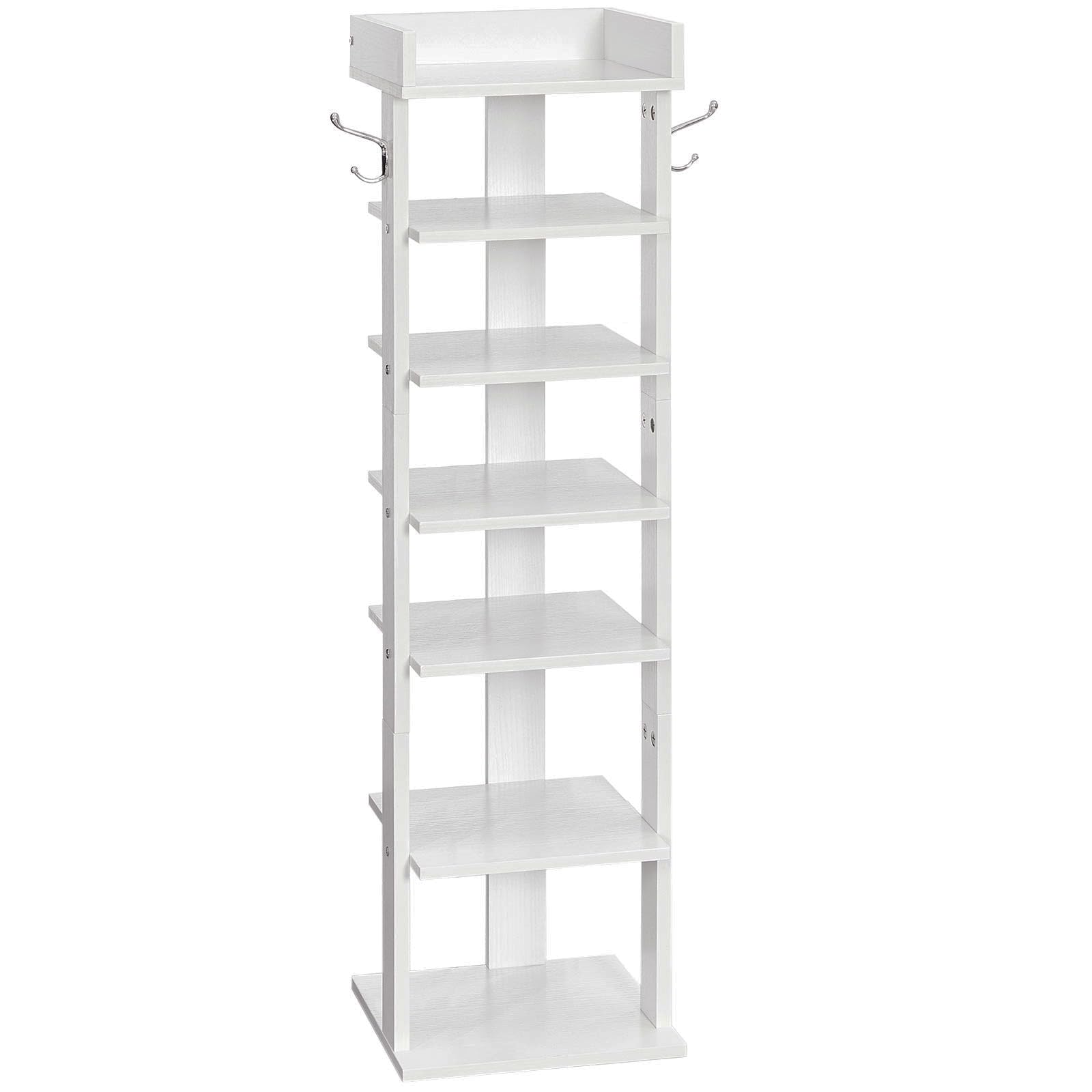 White freestanding shelf with multiple shelves and hooks on a white background