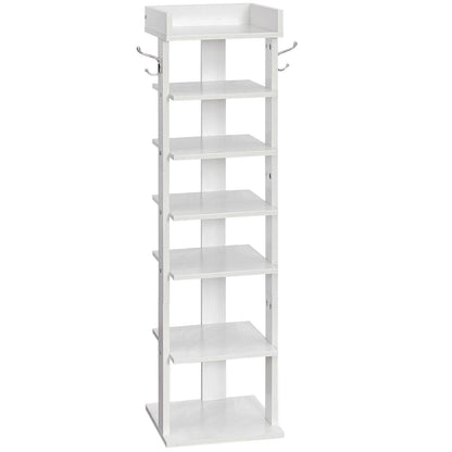 White freestanding shelf with multiple shelves and hooks on a white background