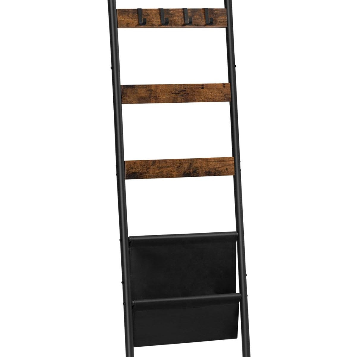 HOOBRO Vintage Brown 5-Tier Wall-Mounted Towel Rack with 4 Hooks & Magazine Bag