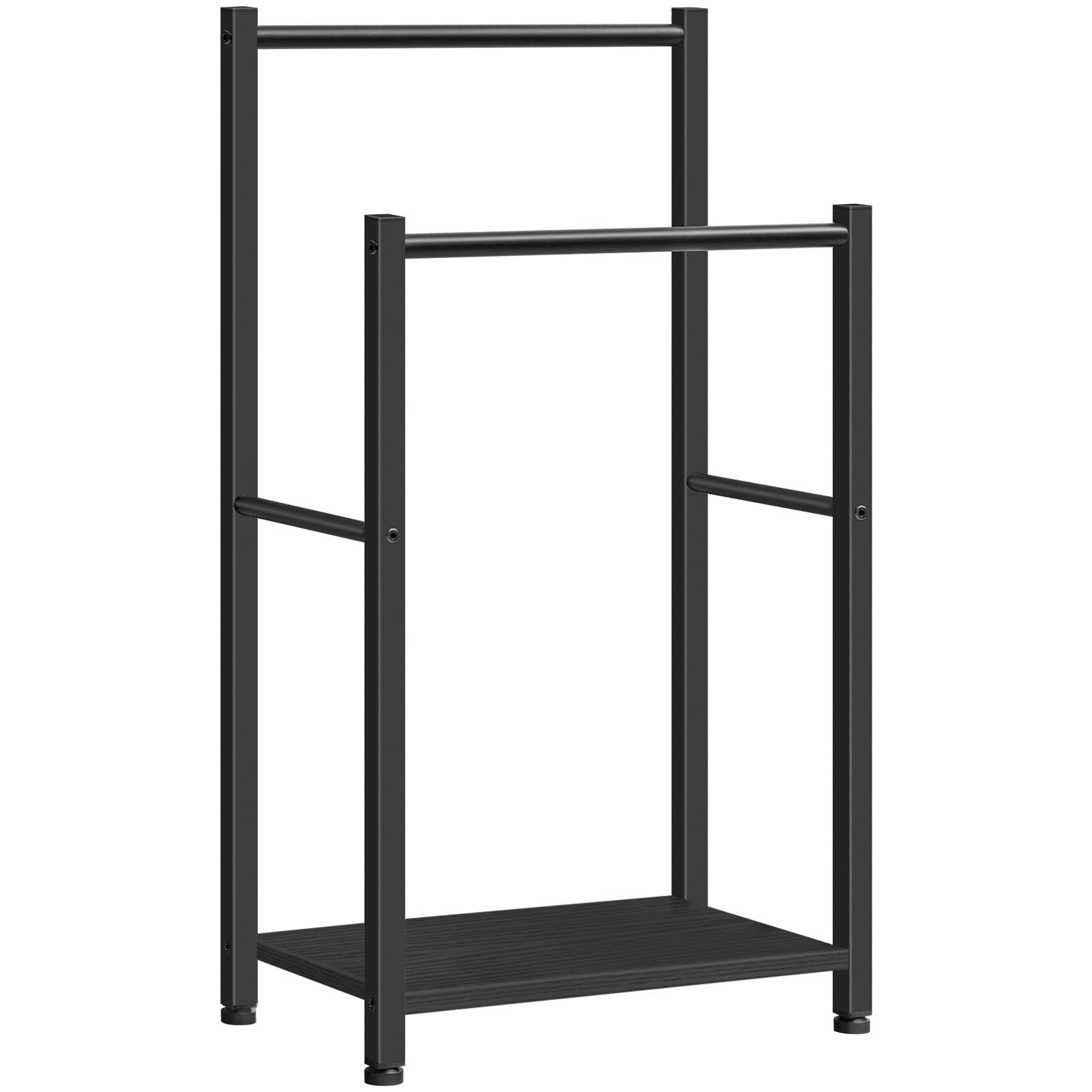 Black metal shelf with two levels on a white background