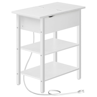 HOOBRO End Table with Charging Station, Narrow Side Table, Flip Top Nightstand with USB Ports and Outlets, Bedside Tables with Shelf for Small Spaces, Living Room, White WT341BZ01