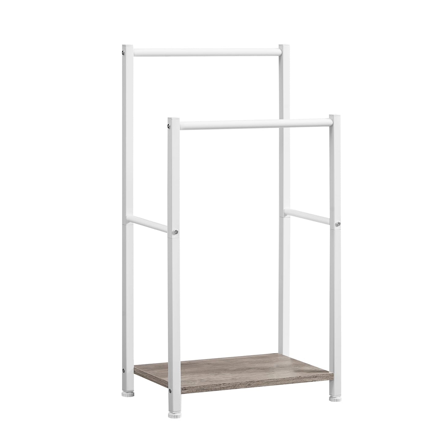 White metal clothing rack with a wooden shelf on a white background