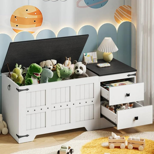 HOOBRO Storage Bench & Toy Box with Dual Drawers & Safe Hinge