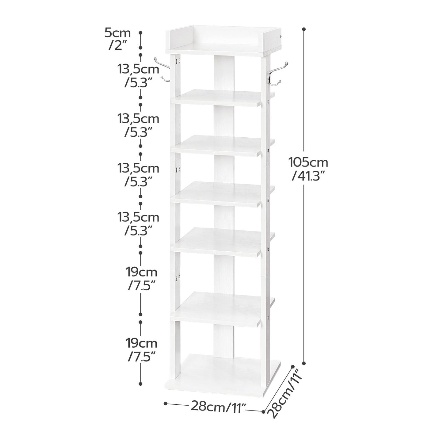 White wall-mounted shoe rack with dimensions labeled on a white background
