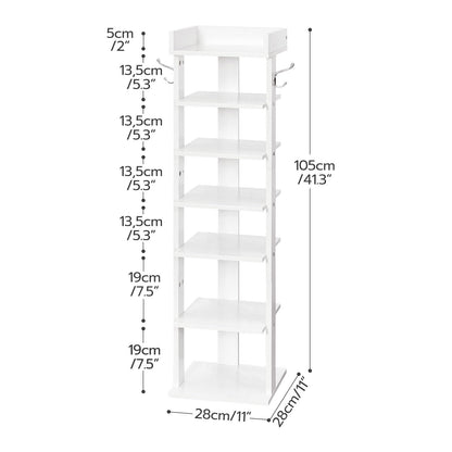 White wall-mounted shoe rack with dimensions labeled on a white background