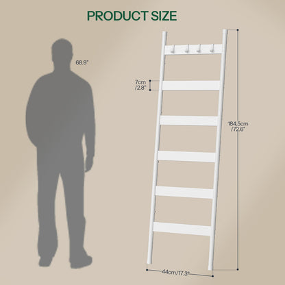 HOOBRO Blanket Ladder, 6-Tier Towel Rack with Hooks, Wall-Leaning Blanket Rack, Decorative Display Ladder Shelf, for Scarves, Industrial, Living Room, Bedroom, White WW66CJ01G1