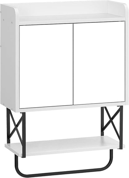 White cabinet with glass doors and a black metal base on a white background