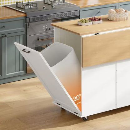 White kitchen trash bin with a gradient design in a kitchen setting.