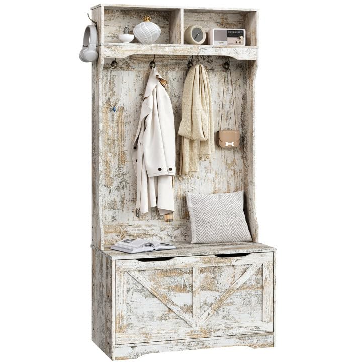 HOOBRO Vintage White Bench with Flip-Top Shoe Cabinet & Coat Rack for Entryways