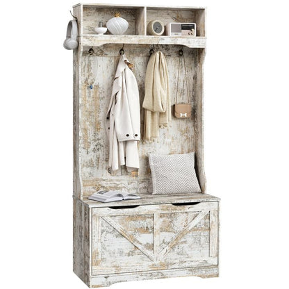 HOOBRO Vintage White Bench with Flip-Top Shoe Cabinet & Coat Rack for Entryways