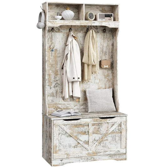 HOOBRO Vintage White Bench with Flip-Top Shoe Cabinet & Coat Rack for Entryways