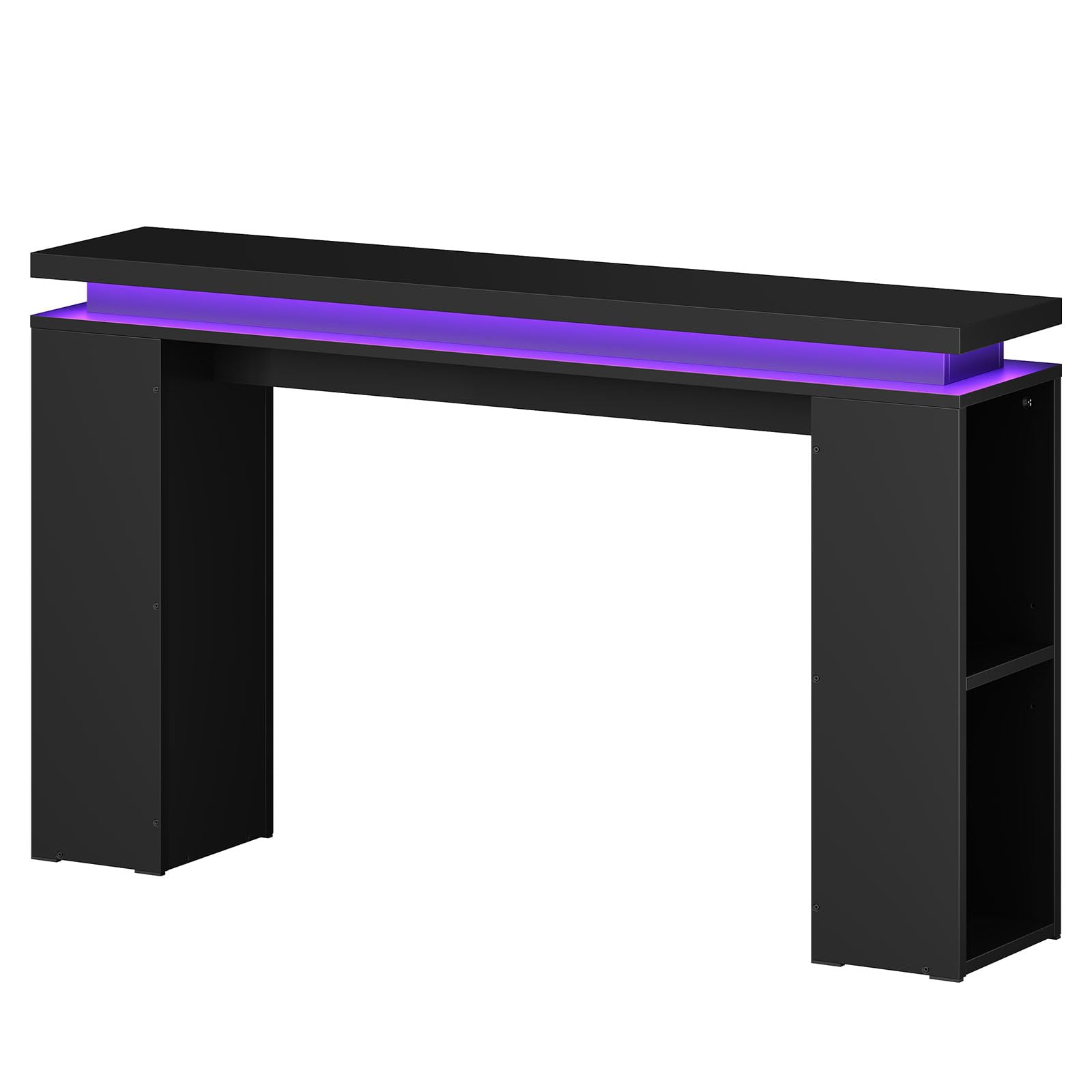 Black console table with purple LED lighting on a white background
