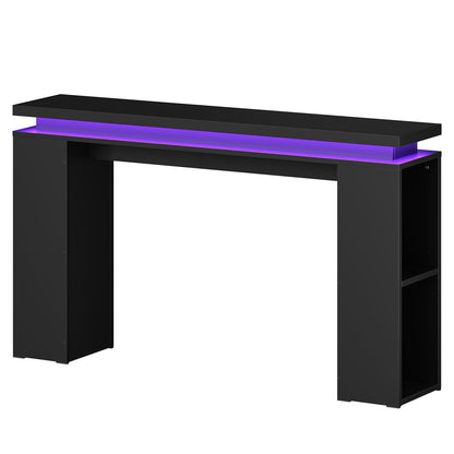 Black console table with purple LED lighting on a white background