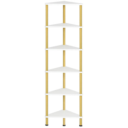 HOOBRO Corner Shelf Stand, Industrial 6-Tier Wall Corner Bookshelf with Metal Frame, Plant Display Shelf, Bookcase for Small Spaces, Living Room, White and Gold DW36CJ01