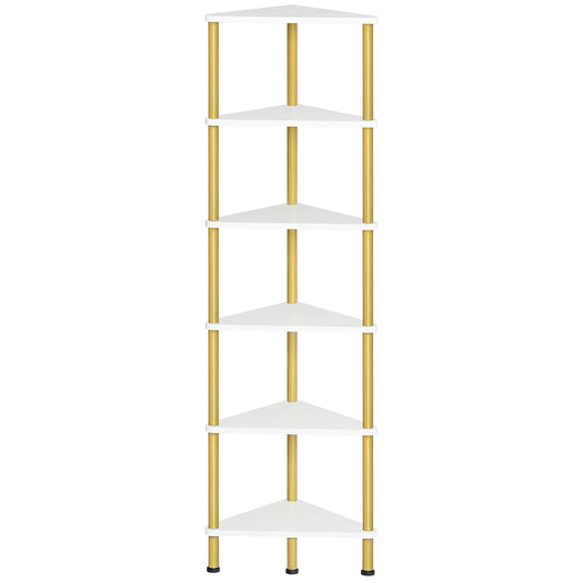 HOOBRO Corner Shelf Stand, Industrial 6-Tier Wall Corner Bookshelf with Metal Frame, Plant Display Shelf, Bookcase for Small Spaces, Living Room, White and Gold DW36CJ01