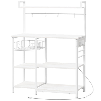 HOOBRO Bakers Rack with Power Outlet, 35.4 Inches Coffee Bar with Mesh Basket, Microwave Stand with 4 S-Shaped Hooks, Kitchen Bakers Rack with Storage, Easy to Assemble, White WT05HB01
