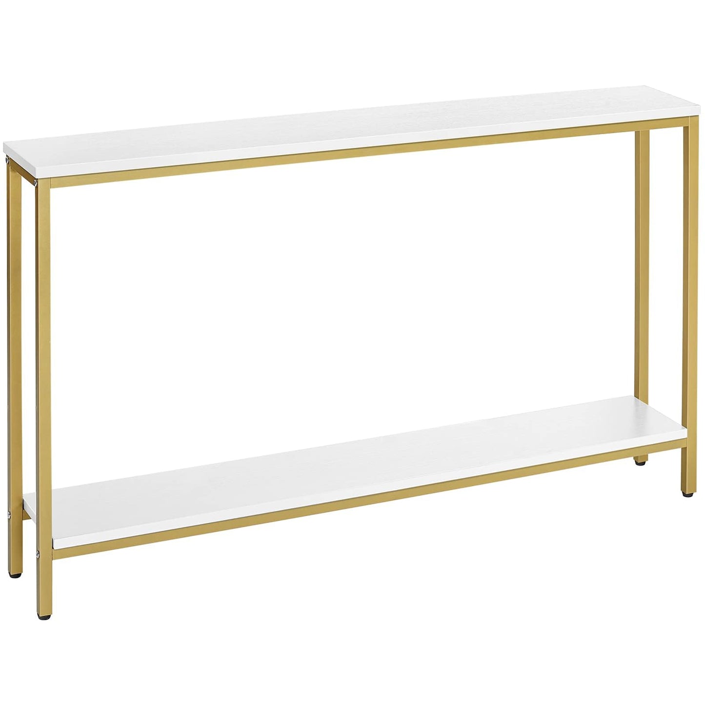 Console table with white top and shelf and gold metal frame on a white background