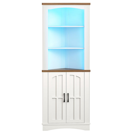 HOOBRO White 67-inch 5-Tier Farmhouse-Style Corner Vanity with LED Strip Lighting & Doors & Shelves