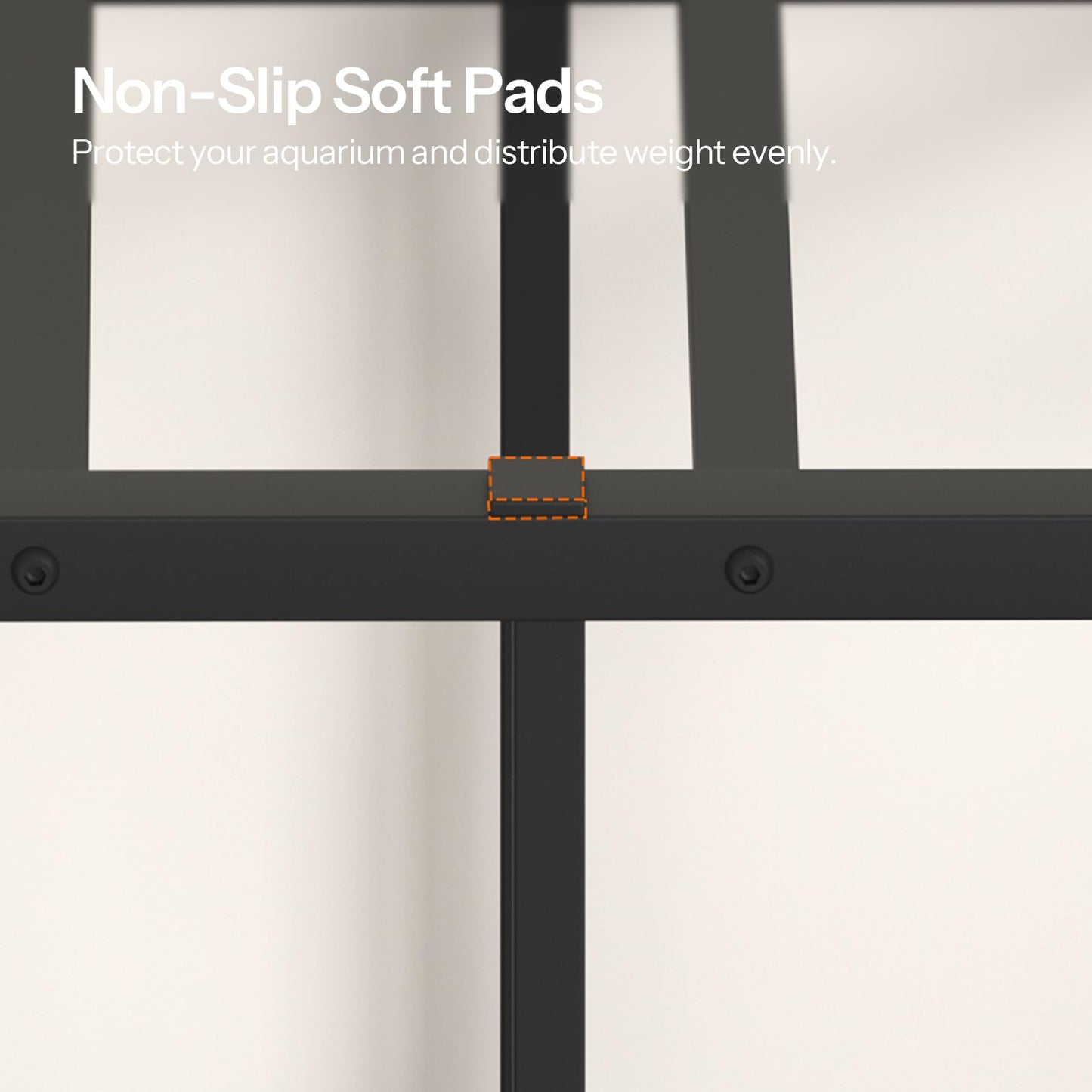 Non-slip soft pads on a metal frame with text about protecting an aquarium.