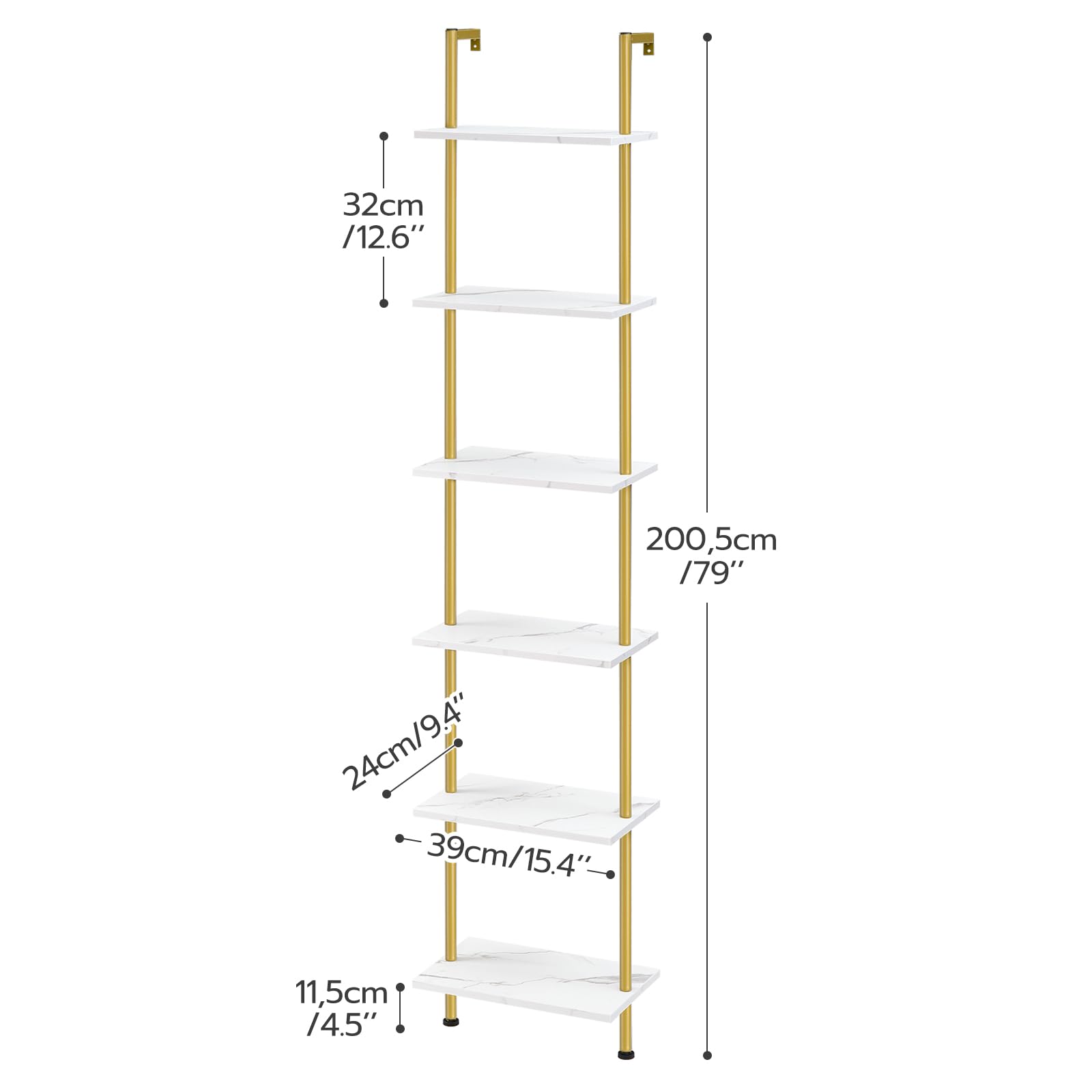 White ladder shelf with gold accents and measurements on a white background