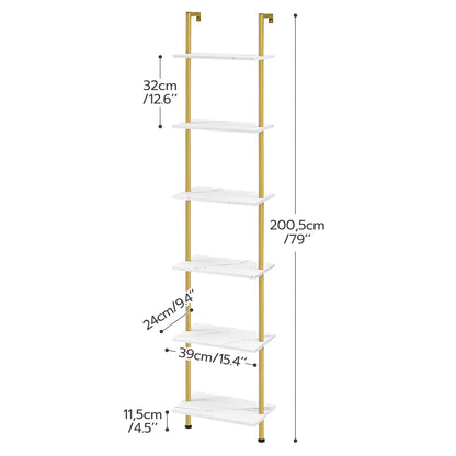 White ladder shelf with gold accents and measurements on a white background